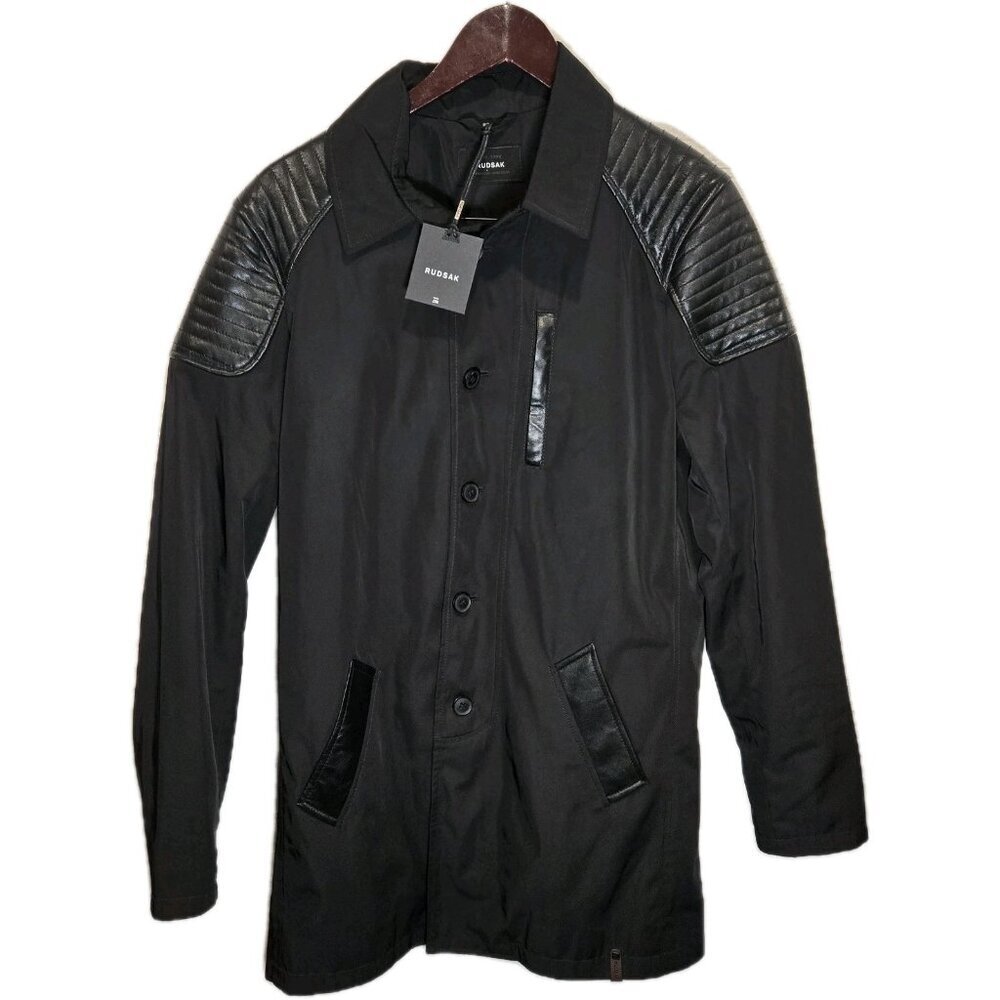 RUDSAK NWT Men's THERON Black Trench Coat with Leather Trim 5117487 Size S